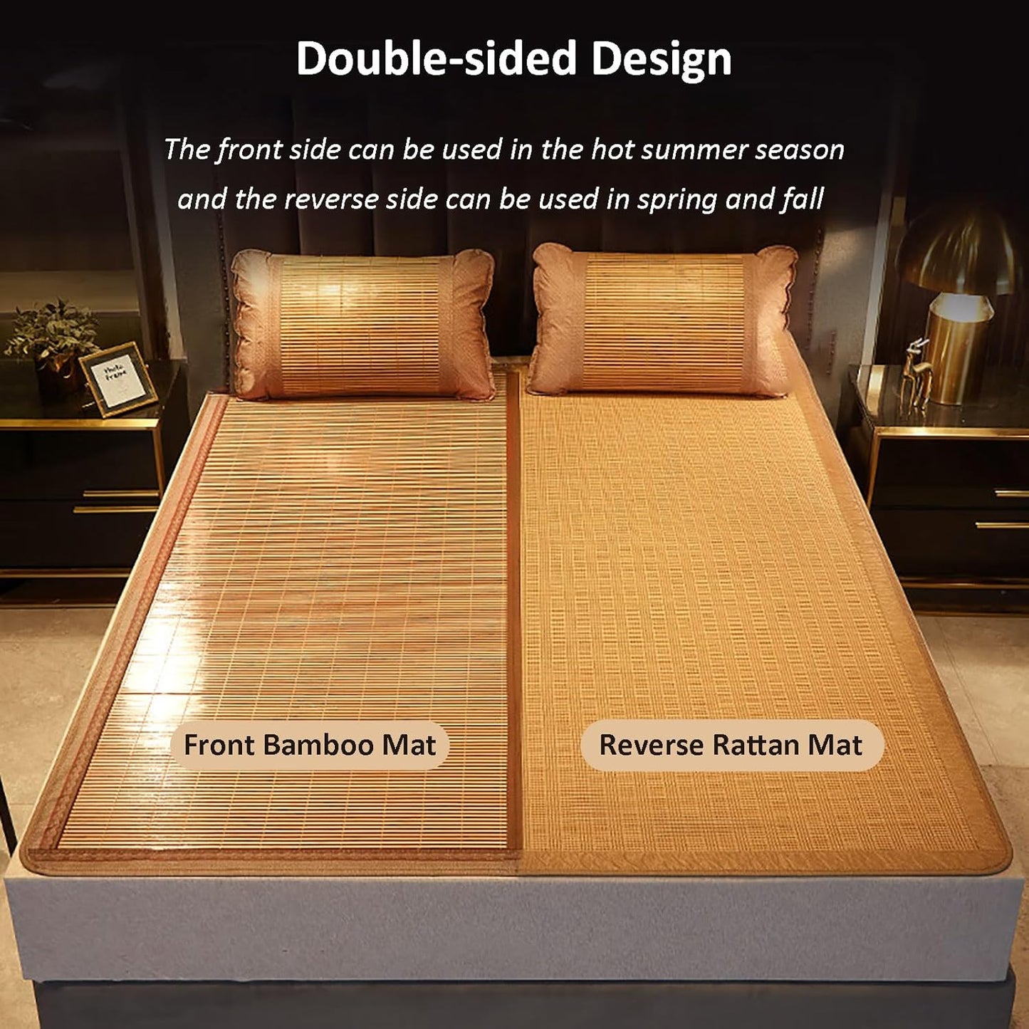 Foldable Double Sided Bamboo Mat for Bed, Summer Sleeping Mat, Double-Sided Cooling Bed Sheet, Folding Mattress Bamboo Rattan Air Conditioning Mat for Home, Bedroom
