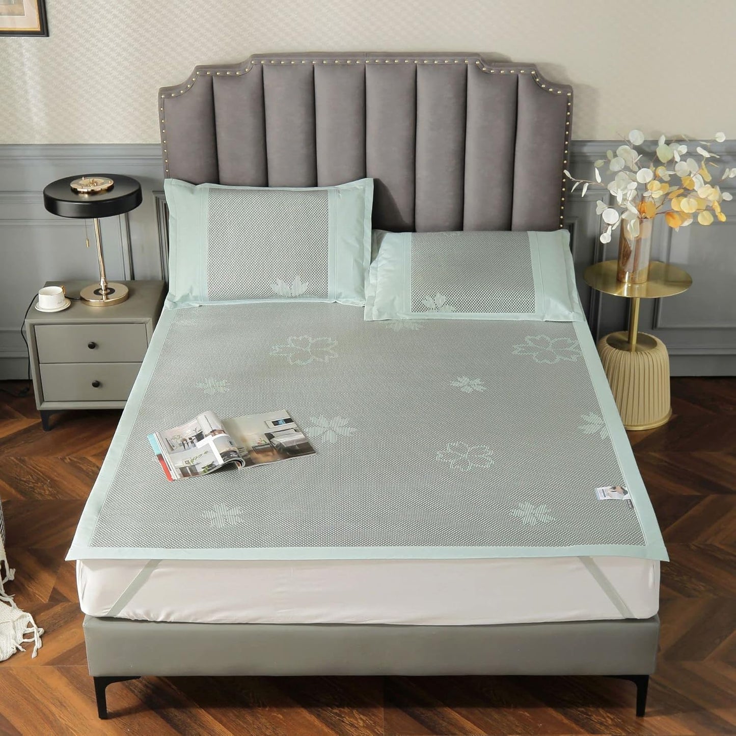 Square Cooling Bedding Mat,Ice Silk Rattan Matting, Jacquard Foldable Mixed Materials of Ice Silk & Rattan,冰藤席 (Green, Queen)