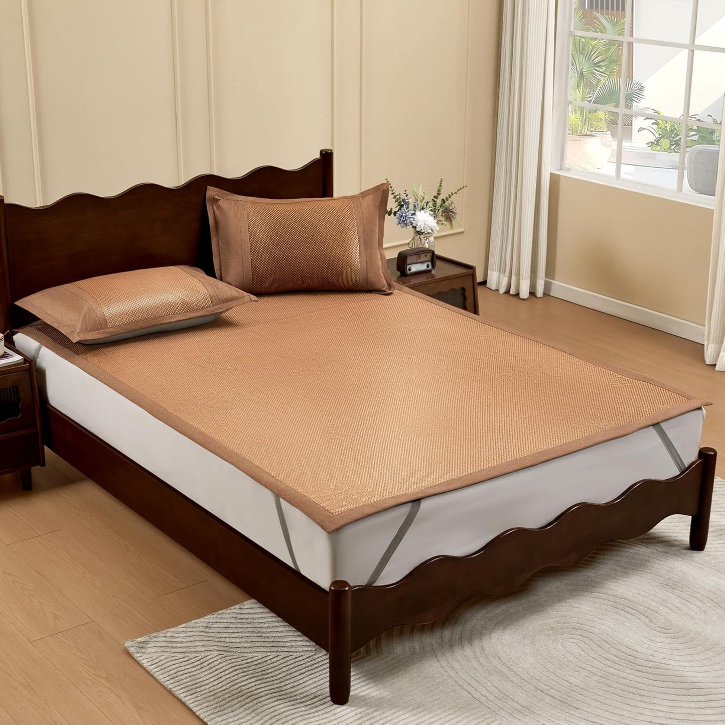Summer Sleeping Mat, Foldabl Rattan Bed Mat Quick Cooling Topper Mat Double-Sided use for Home School Dormitory (Queen)