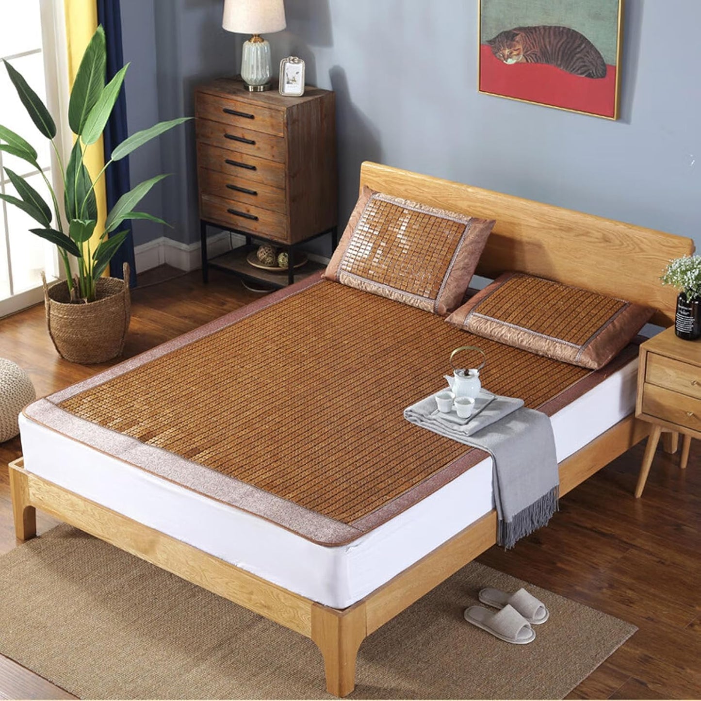 Summer Sleeping Mat Carbonized Bamboo Mattress Topper,Double-Sided Single/Twin/Full/Queen/King Size Bed Mat,Foldable Breathable Bed Sheet Air Conditioning Mat,Summer Bedding for Home School