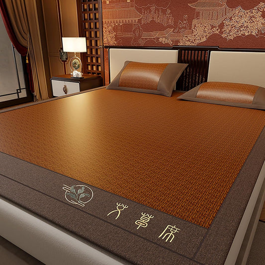 Rattan Summer Cooling Sleeping Mat with Ice Silk, Folding Smooth Air Conditioning Mat for Bed with Wormwood, Double-Sided Cooling Bed Sheet with Pillowcase Bedding for Home School Dormitory(Brown,90*1