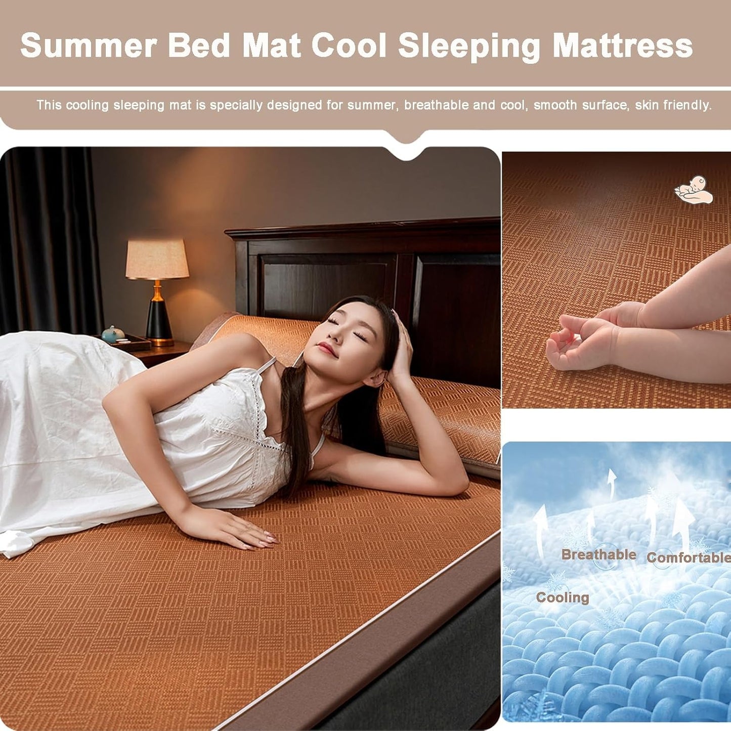 Natural Rattan Bed Mat Cooling Mattress Topper Pad,Double-Sided Breathable Summer Sleeping Mat,Foldable Smooth Bed Sheet Air Conditioning Mat,Single/Twin/Queen/King Size Summer Bedding Sleeping Pad(15