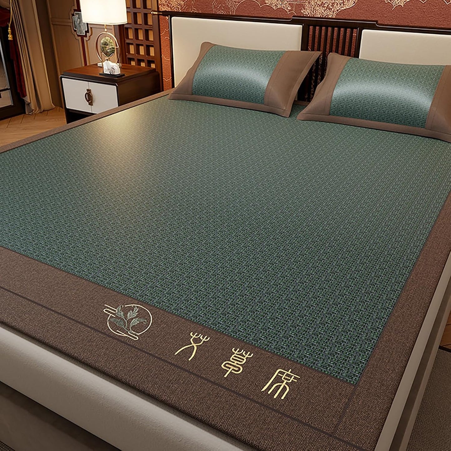 Rattan Summer Cooling Sleeping Mat with Ice Silk, Folding Smooth Air Conditioning Mat for Bed with Wormwood, Double-Sided Cooling Bed Sheet with Pillowcase Bedding for Home School Dormitory(Brown,90*1