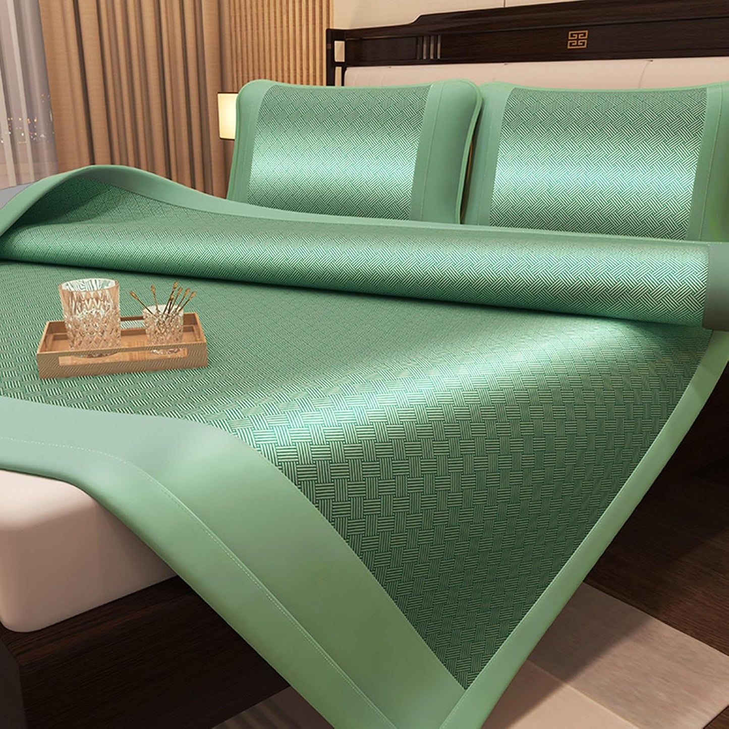 Summer Sleeping Pad Ice Rattan Mat 3 Piece Set (1 Mattress + 2 Pillowcases) Summer Ice Silk Mat Washable Cooler Mattresses