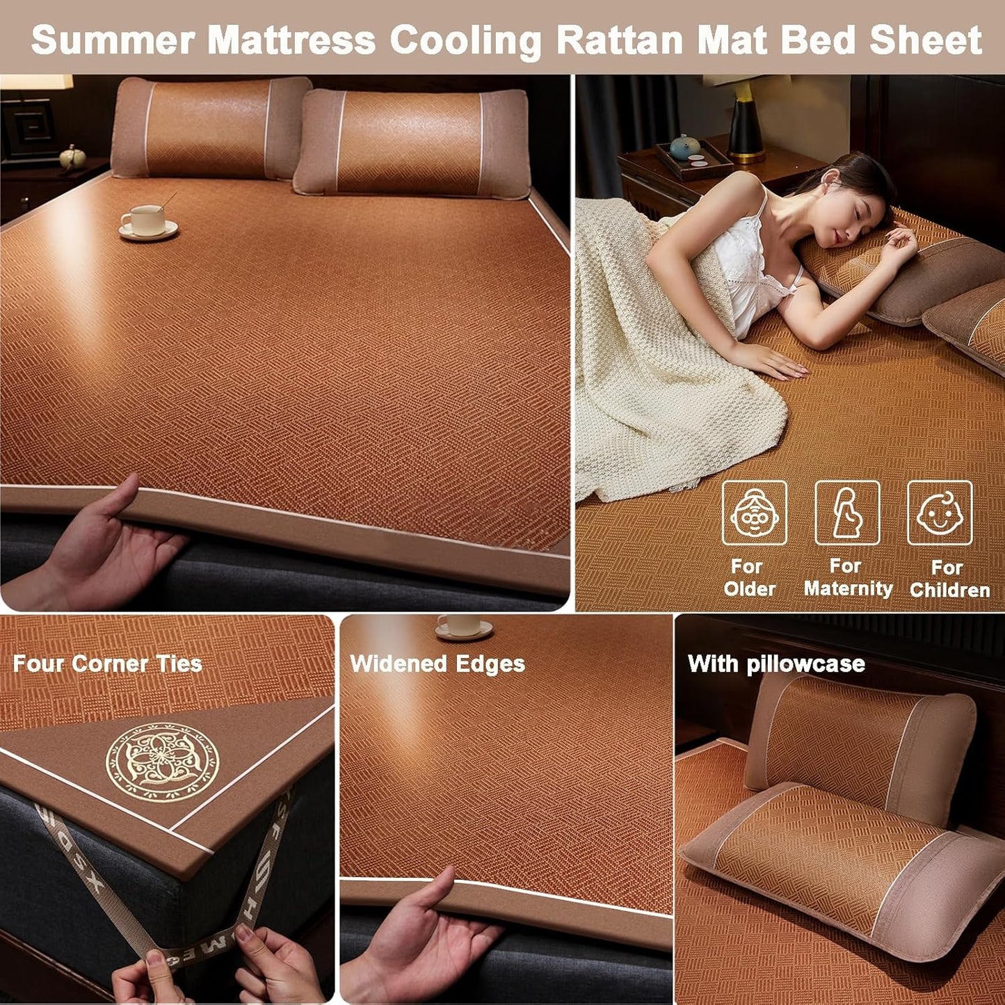 Natural Rattan Bed Mat Cooling Mattress Topper Pad,Double-Sided Breathable Summer Sleeping Mat,Foldable Smooth Bed Sheet Air Conditioning Mat,Single/Twin/Queen/King Size Summer Bedding Sleeping Pad(15