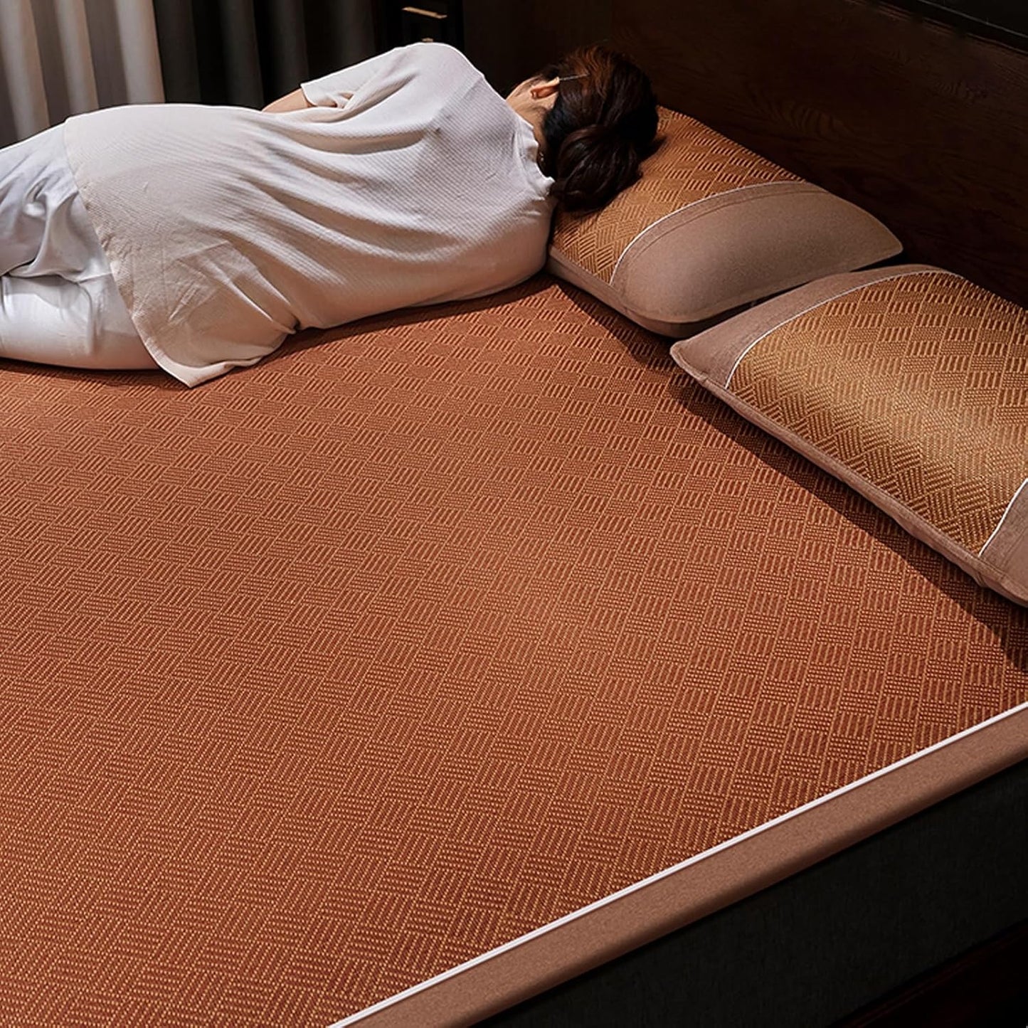 Natural Rattan Bed Mat Cooling Mattress Topper Pad,Double-Sided Breathable Summer Sleeping Mat,Foldable Smooth Bed Sheet Air Conditioning Mat,Single/Twin/Queen/King Size Summer Bedding Sleeping Pad(15