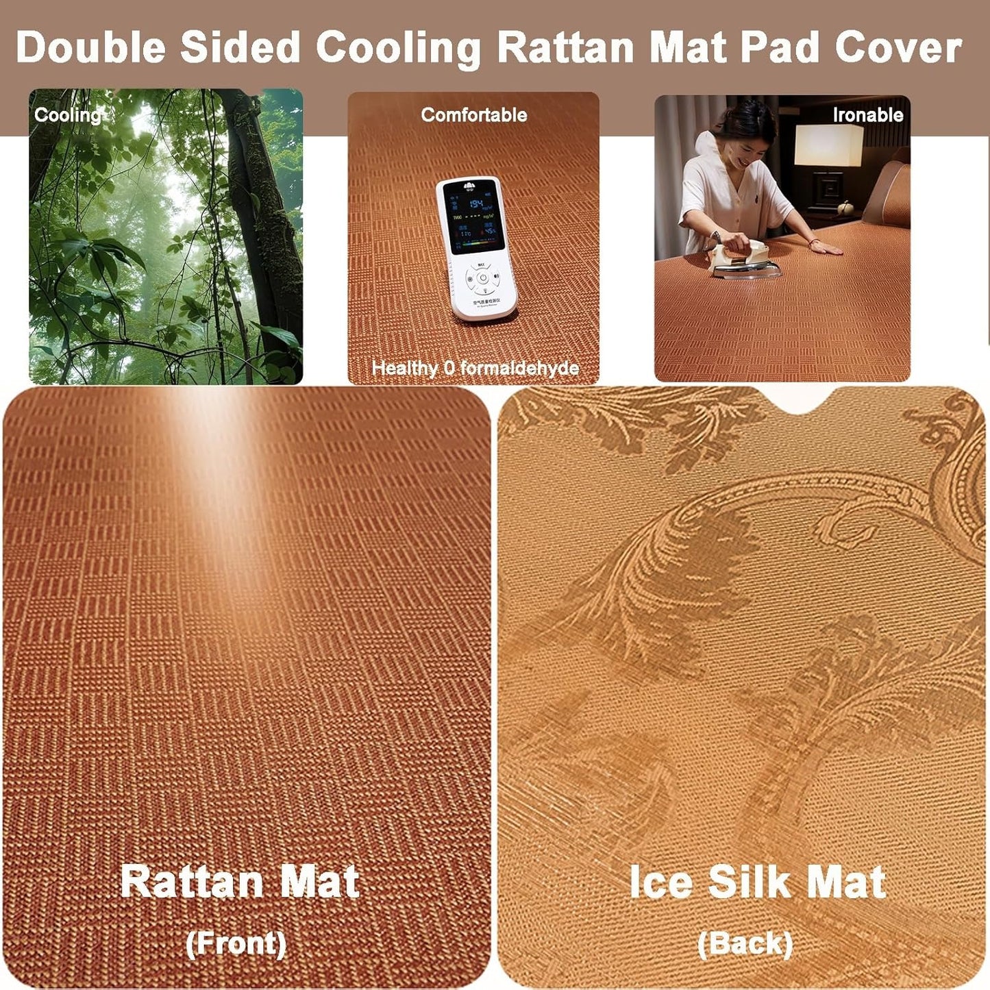 Natural Rattan Bed Mat Cooling Mattress Topper Pad,Double-Sided Breathable Summer Sleeping Mat,Foldable Smooth Bed Sheet Air Conditioning Mat,Single/Twin/Queen/King Size Summer Bedding Sleeping Pad(15
