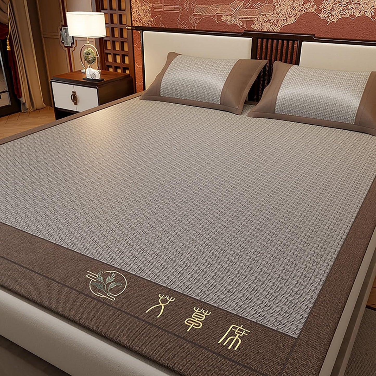 Rattan Summer Cooling Sleeping Mat with Ice Silk, Folding Smooth Air Conditioning Mat for Bed with Wormwood, Double-Sided Cooling Bed Sheet with Pillowcase Bedding for Home School Dormitory(Brown,90*1