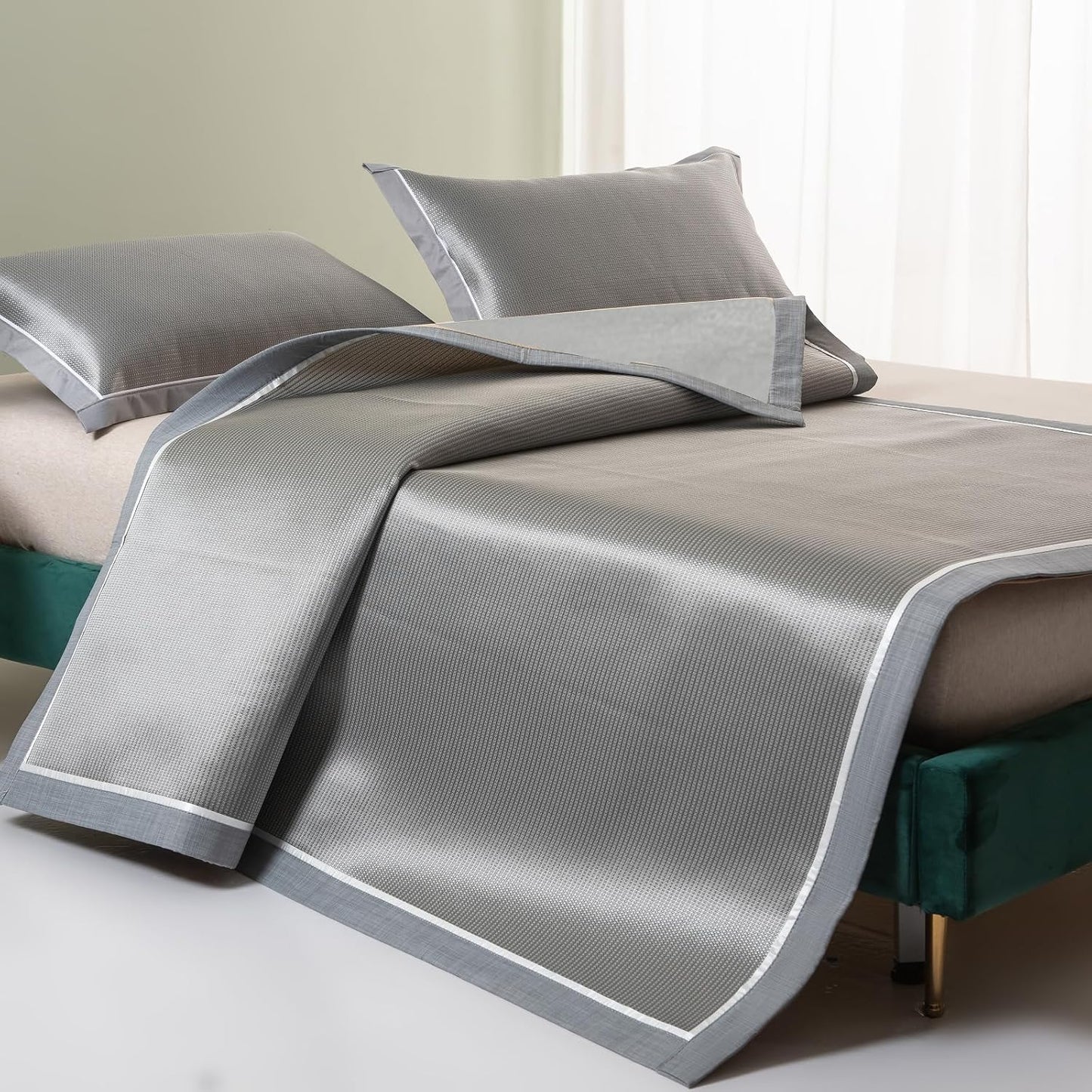 Sleeping Mat Fast Cooling Mattress Topper Pad Queen Size,Summer All-Weather Fold Non-Slip Double-Sided Available Bed Floor Sheet Set for Home School Dorm/1 x Mat & 2 x Pillowcases