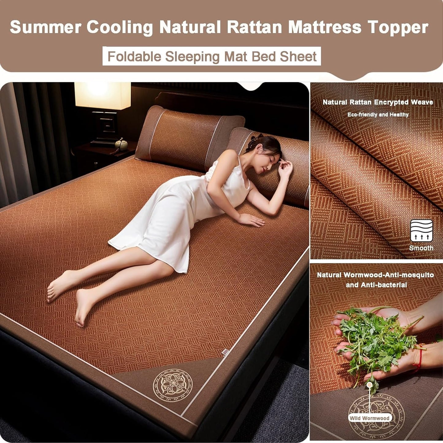 Natural Rattan Bed Mat Cooling Mattress Topper Pad,Double-Sided Breathable Summer Sleeping Mat,Foldable Smooth Bed Sheet Air Conditioning Mat,Single/Twin/Queen/King Size Summer Bedding Sleeping Pad(15
