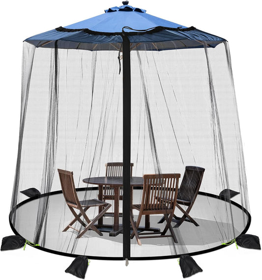 Mosquito Netting for Patio - Mosquito Netting for Outdoor Umbrellas and Patio Tables - Patio Mosquito Netting with 2 Zipper Door and 6 Sandbags, 8 Clamps