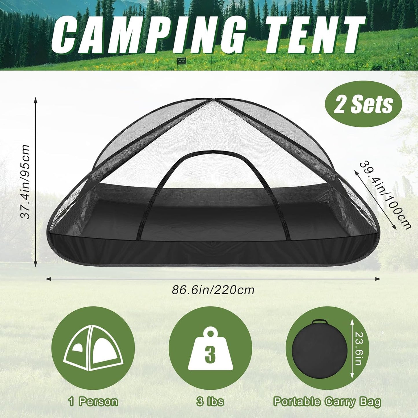 2 Pcs Pop up Mosquito Net Tent for Camping Outdoor 86. 6 x 39. 4 x 37. 4 Inch Foldable One Person Pop Tent Waterproof Freestanding Insect Bug Net for Summer Camps Camping Hiking Outdoor