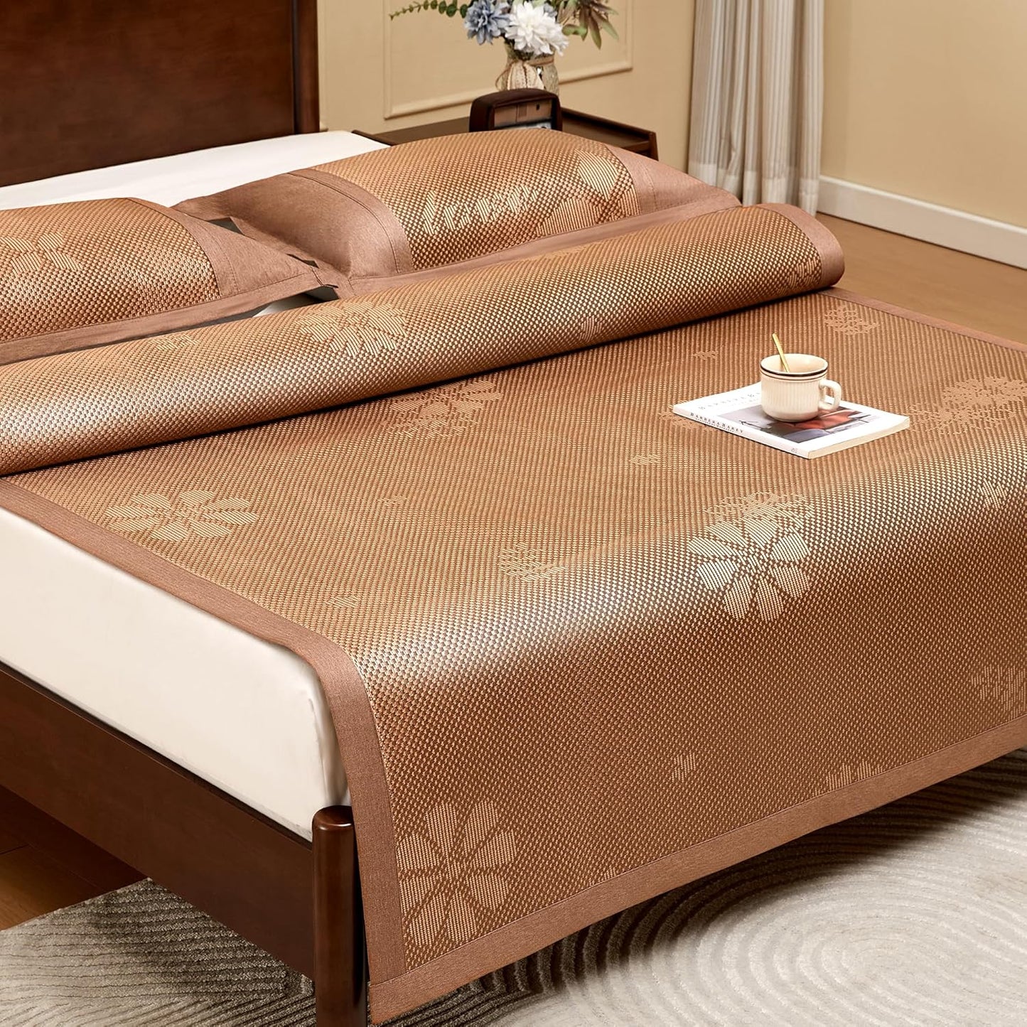 Summer Sleeping Mat, Foldabl Rattan Bed Mat Quick Cooling Topper Mat Double-Sided use for Home School Dormitory (Queen)